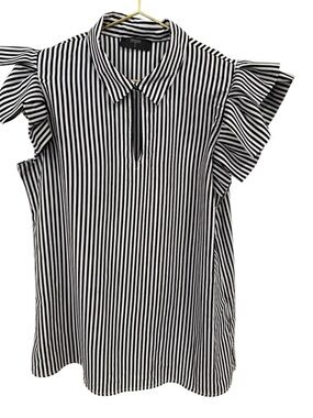 Tahari Striped Ruffle Sleeve V-Neck Top - Black/White
